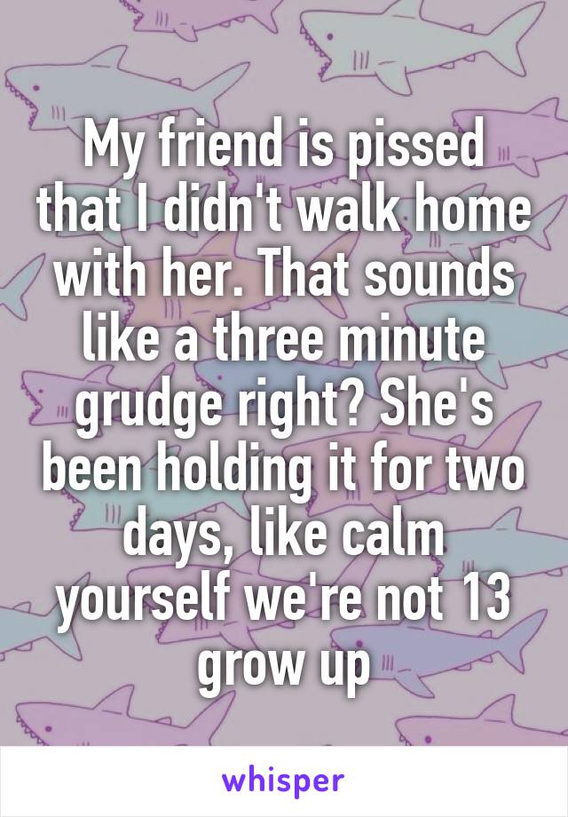 My friend is pissed that I didn't walk home with her. That sounds like a three minute grudge right? She's been holding it for two days, like calm yourself we're not 13 grow up