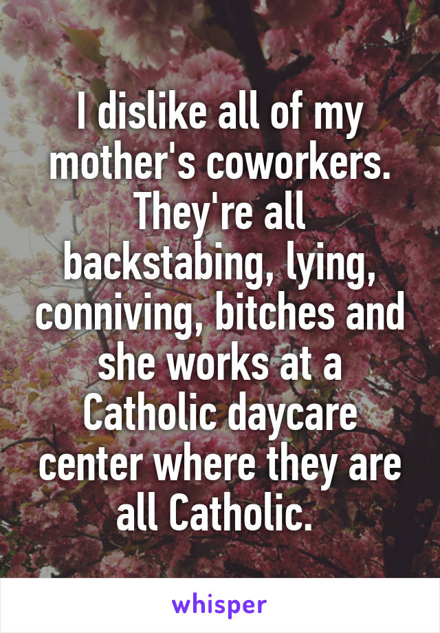 I dislike all of my mother's coworkers. They're all backstabing, lying, conniving, bitches and she works at a Catholic daycare center where they are all Catholic. 