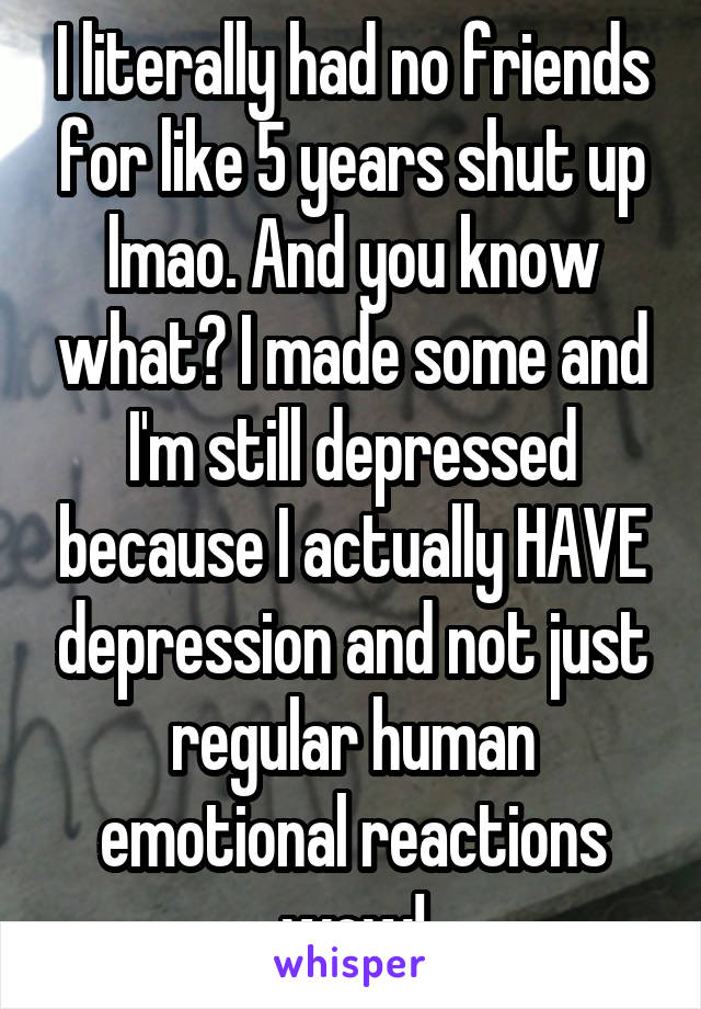 I literally had no friends for like 5 years shut up lmao. And you know what? I made some and I'm still depressed because I actually HAVE depression and not just regular human emotional reactions wow!