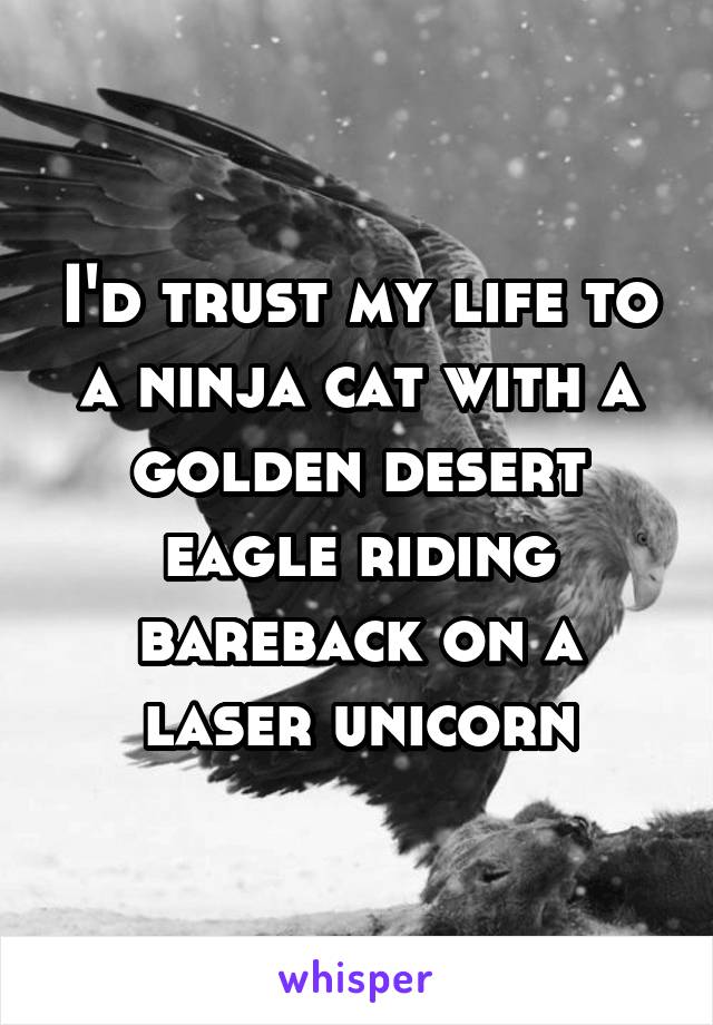 I'd trust my life to a ninja cat with a golden desert eagle riding bareback on a laser unicorn