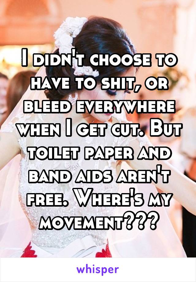 I didn't choose to have to shit, or bleed everywhere when I get cut. But toilet paper and band aids aren't free. Where's my movement???