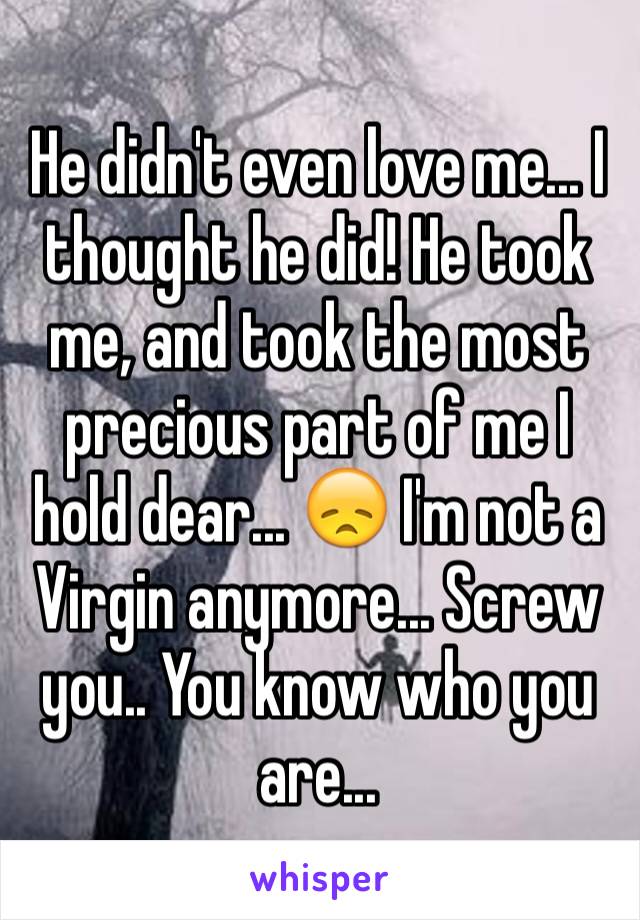 He didn't even love me... I thought he did! He took me, and took the most precious part of me I hold dear... 😞 I'm not a Virgin anymore... Screw you.. You know who you are... 