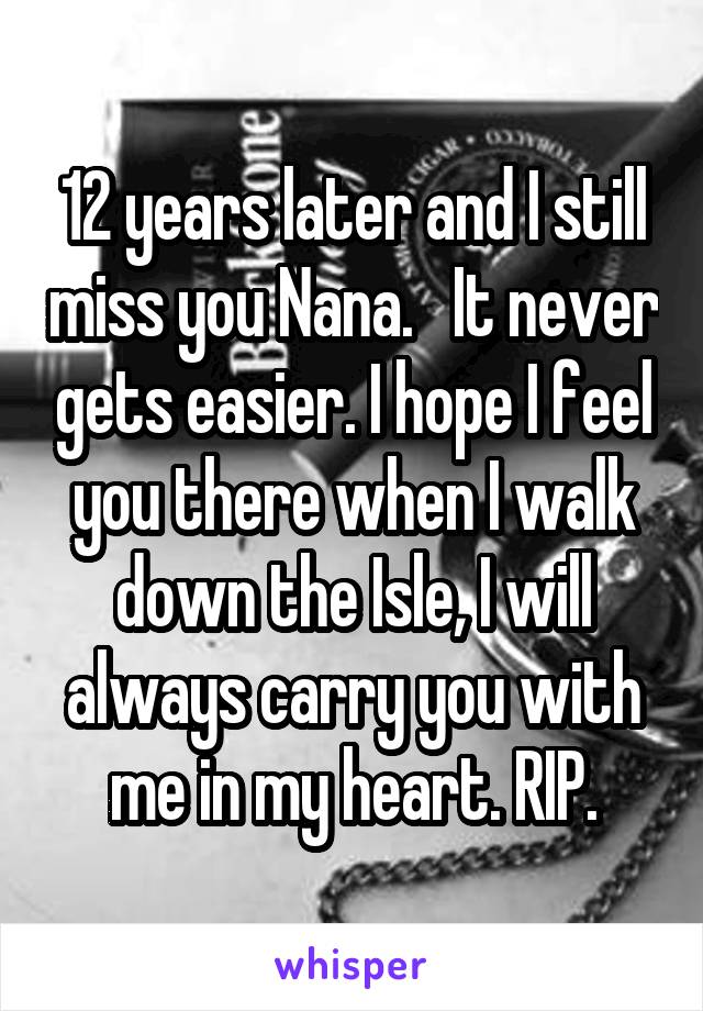 12 years later and I still miss you Nana.   It never gets easier. I hope I feel you there when I walk down the Isle, I will always carry you with me in my heart. RIP.