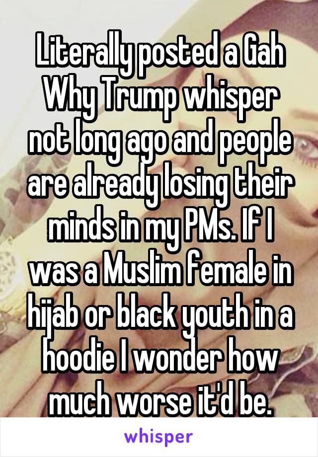 Literally posted a Gah Why Trump whisper not long ago and people are already losing their minds in my PMs. If I was a Muslim female in hijab or black youth in a hoodie I wonder how much worse it'd be.