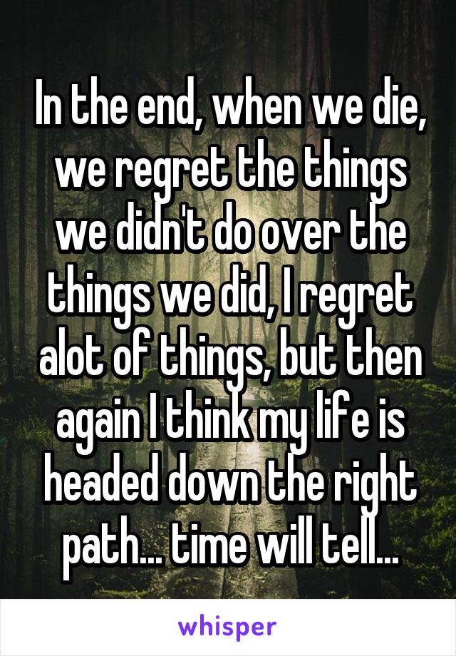 In the end, when we die, we regret the things we didn't do over the things we did, I regret alot of things, but then again I think my life is headed down the right path... time will tell...