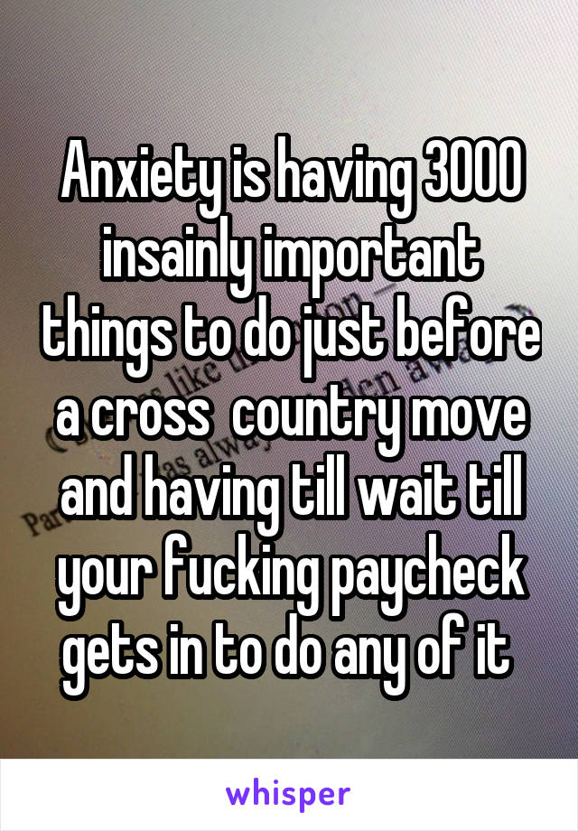 Anxiety is having 3000 insainly important things to do just before a cross  country move and having till wait till your fucking paycheck gets in to do any of it 