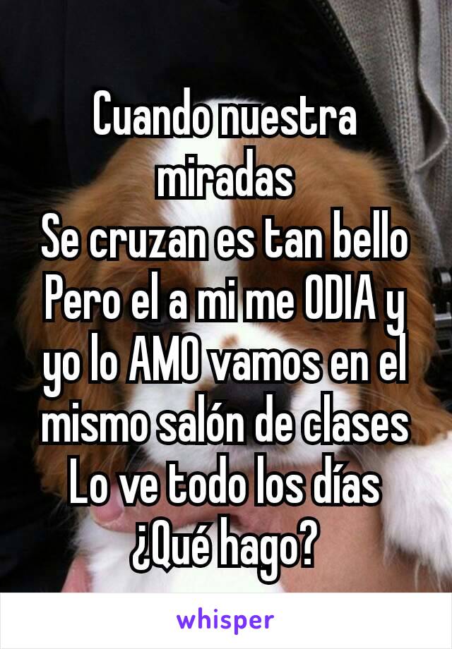 Cuando nuestra miradas
Se cruzan es tan bello
Pero el a mi me ODIA y yo lo AMO vamos en el mismo salón de clases Lo ve todo los días
¿Qué hago?