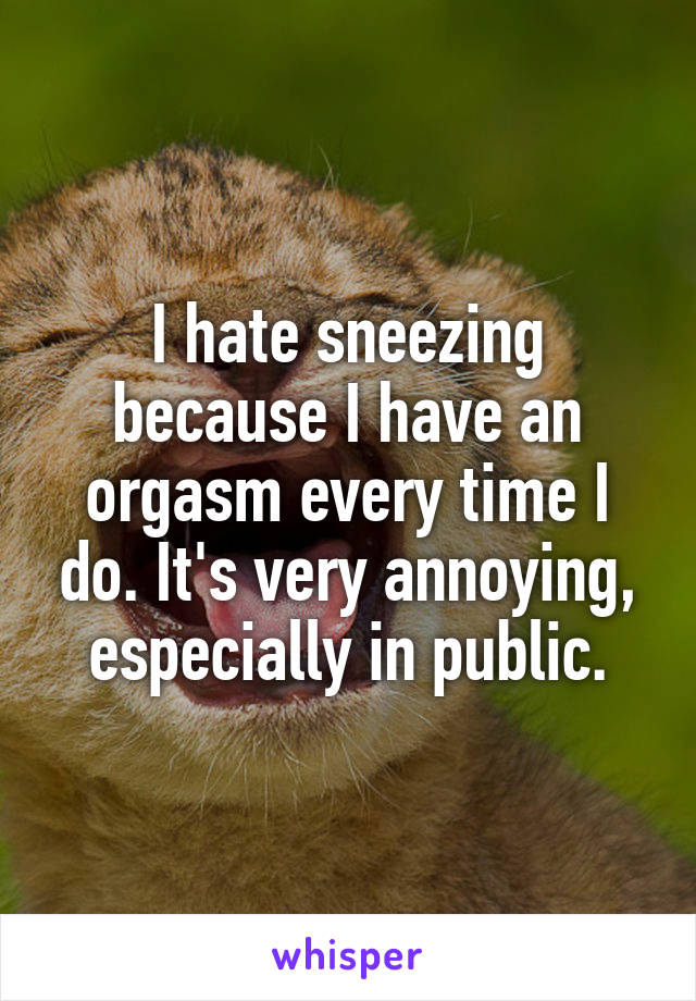 I hate sneezing because I have an orgasm every time I do. It's very annoying, especially in public.