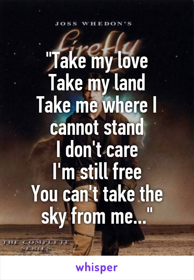 "Take my love
Take my land
Take me where I cannot stand
I don't care
I'm still free
You can't take the sky from me..."