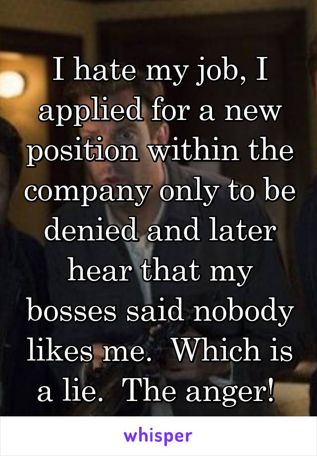 I hate my job, I applied for a new position within the company only to be denied and later hear that my bosses said nobody likes me.  Which is a lie.  The anger! 