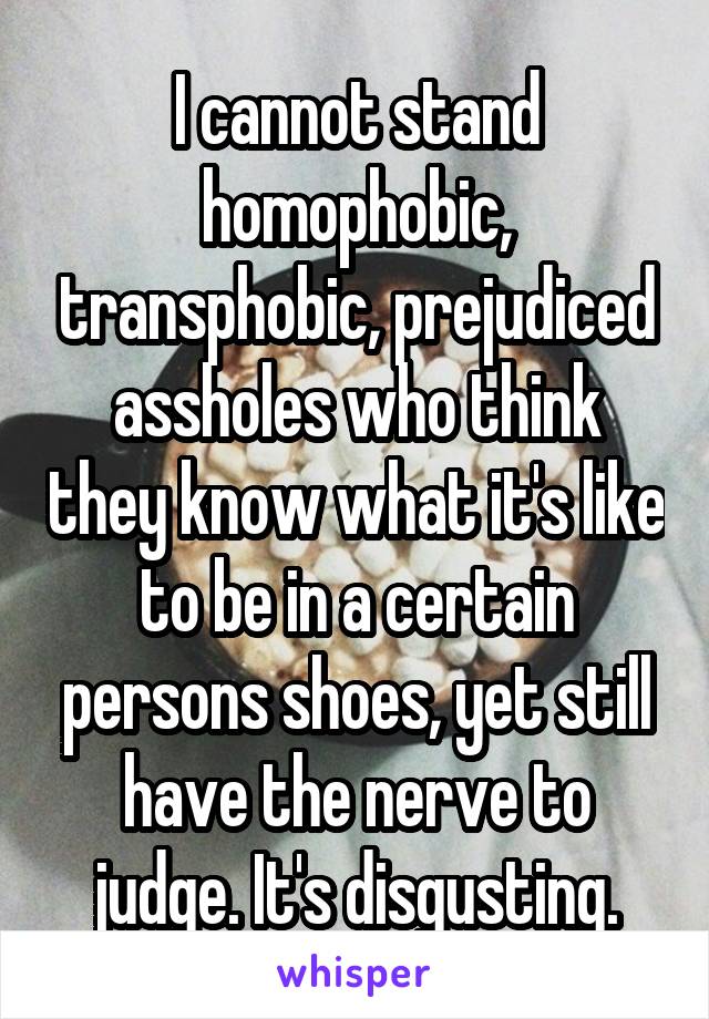 I cannot stand homophobic, transphobic, prejudiced assholes who think they know what it's like to be in a certain persons shoes, yet still have the nerve to judge. It's disgusting.