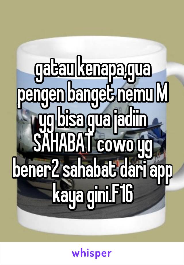 gatau kenapa,gua pengen banget nemu M yg bisa gua jadiin SAHABAT cowo yg bener2 sahabat dari app kaya gini.F16