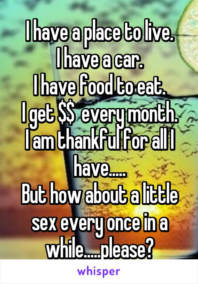 I have a place to live.
I have a car.
I have food to eat.
I get $$  every month.
I am thankful for all I have.....
But how about a little sex every once in a while.....please?