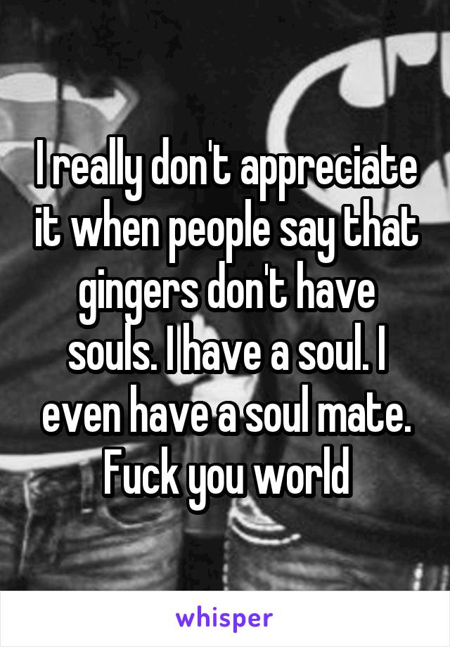 I really don't appreciate it when people say that gingers don't have souls. I have a soul. I even have a soul mate. Fuck you world