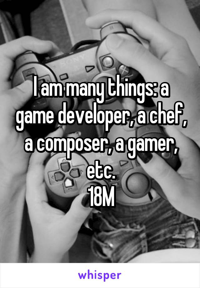 I am many things: a game developer, a chef, a composer, a gamer, etc.
18M