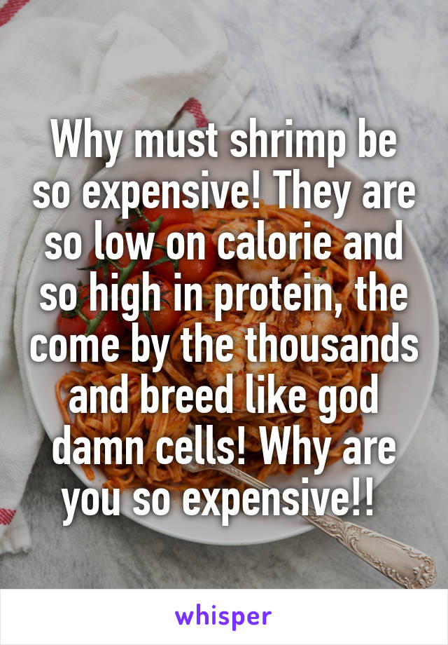 Why must shrimp be so expensive! They are so low on calorie and so high in protein, the come by the thousands and breed like god damn cells! Why are you so expensive!! 