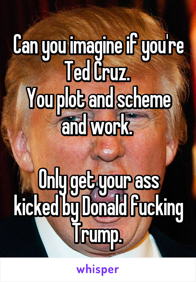 Can you imagine if you're Ted Cruz. 
You plot and scheme and work. 

Only get your ass kicked by Donald fucking Trump. 