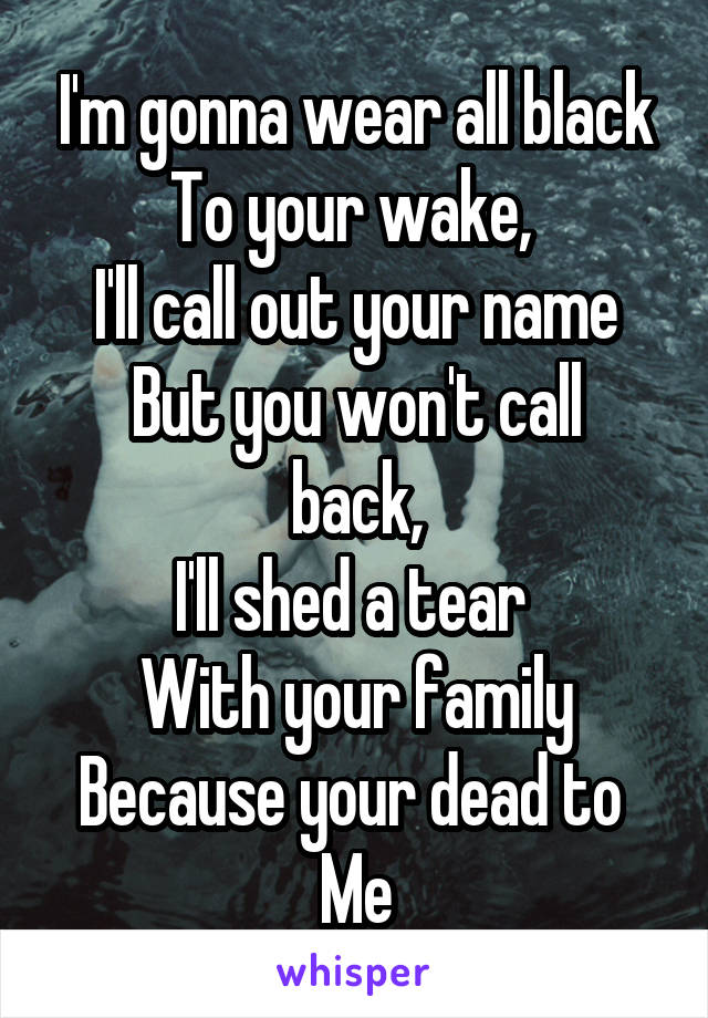 I'm gonna wear all black To your wake, 
I'll call out your name
But you won't call back,
I'll shed a tear 
With your family
Because your dead to 
Me