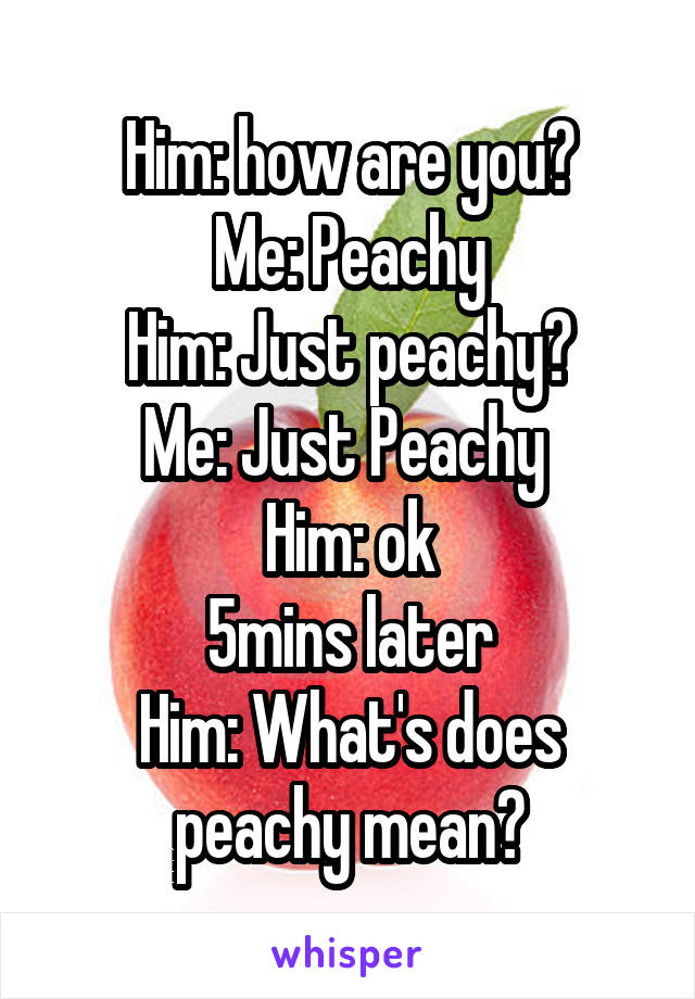 Him: how are you?
Me: Peachy
Him: Just peachy?
Me: Just Peachy 
Him: ok
5mins later
Him: What's does peachy mean?