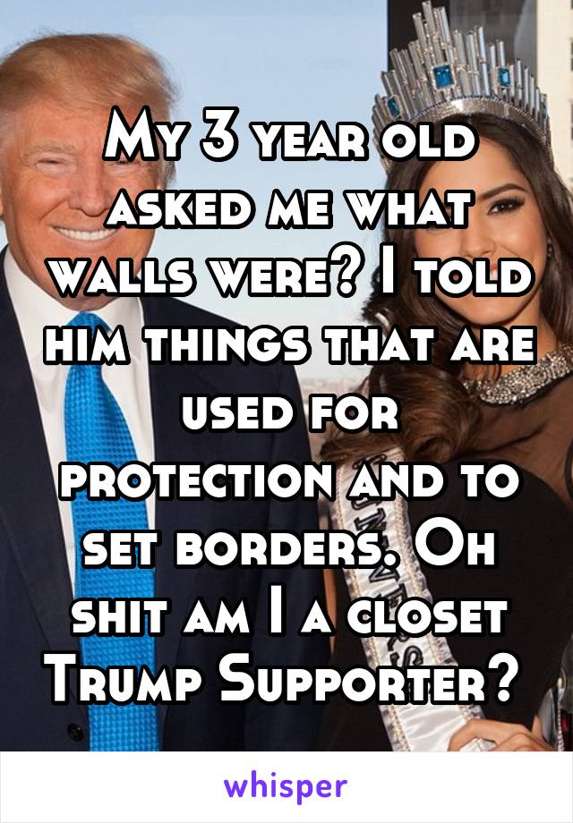 My 3 year old asked me what walls were? I told him things that are used for protection and to set borders. Oh shit am I a closet Trump Supporter? 