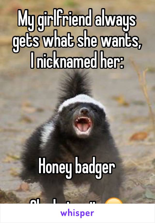 My girlfriend always gets what she wants,
I nicknamed her:




Honey badger

She hates it 😝