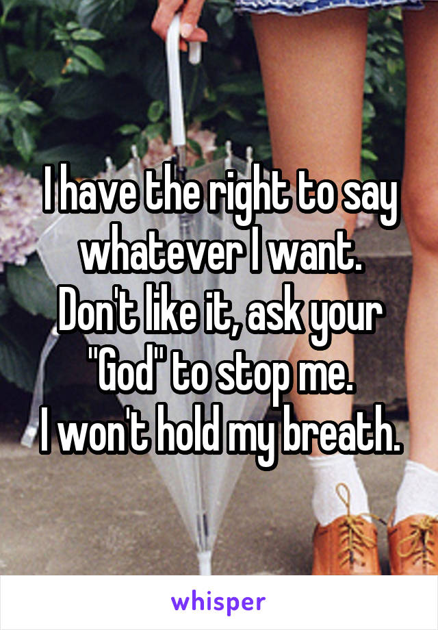 I have the right to say whatever I want.
Don't like it, ask your "God" to stop me.
I won't hold my breath.