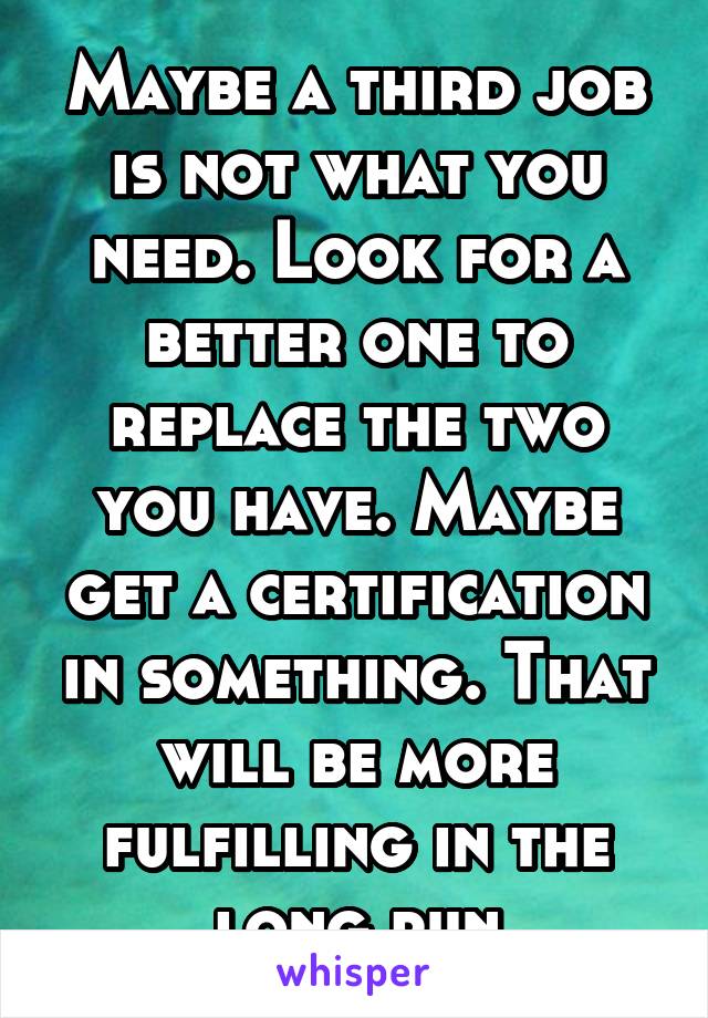 Maybe a third job is not what you need. Look for a better one to replace the two you have. Maybe get a certification in something. That will be more fulfilling in the long run