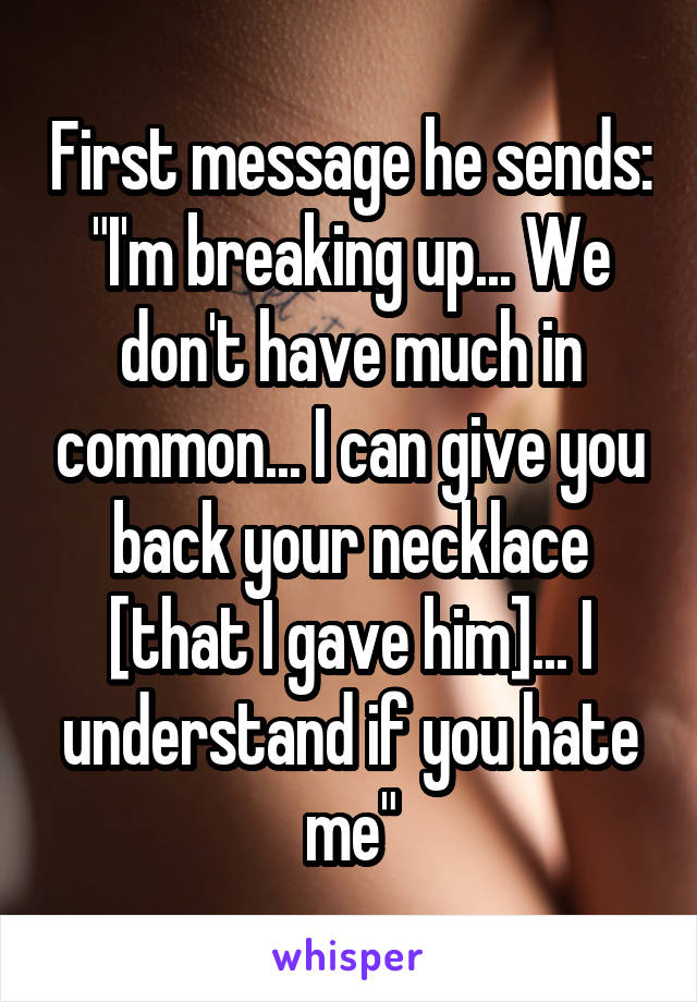 First message he sends: "I'm breaking up... We don't have much in common... I can give you back your necklace [that I gave him]... I understand if you hate me"