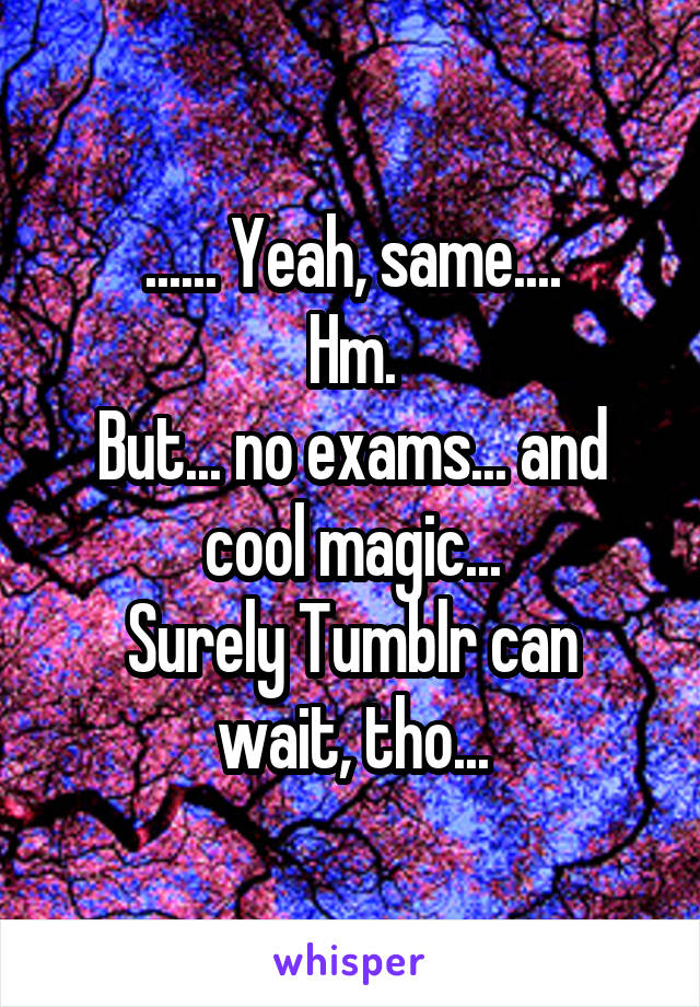 ...... Yeah, same....
Hm.
But... no exams... and cool magic...
Surely Tumblr can wait, tho...