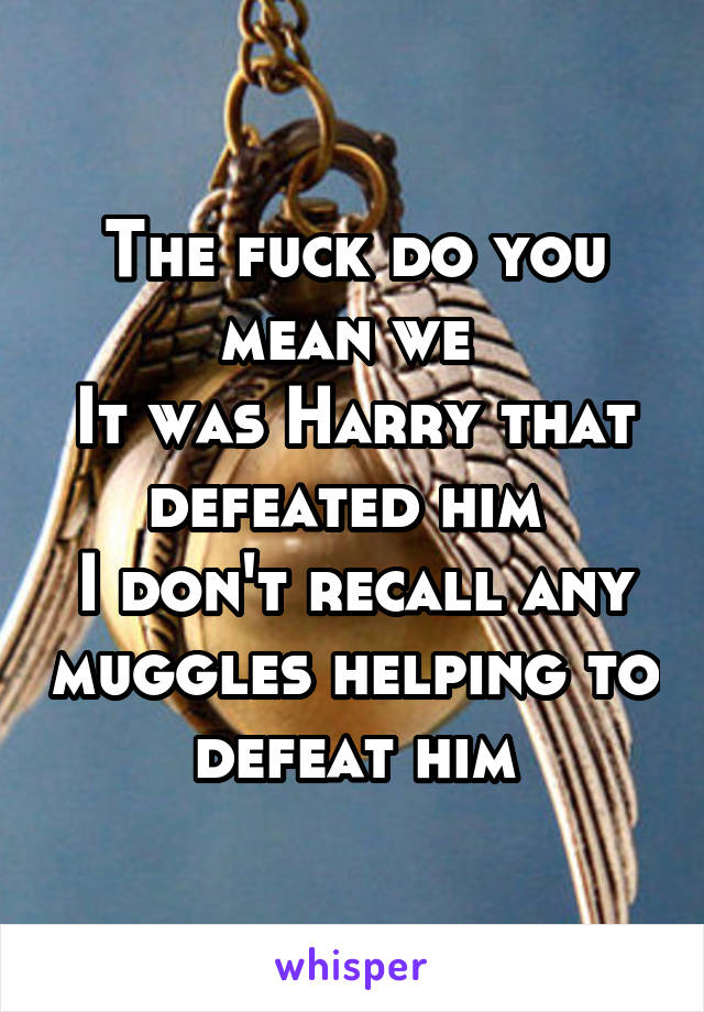 The fuck do you mean we 
It was Harry that defeated him 
I don't recall any muggles helping to defeat him