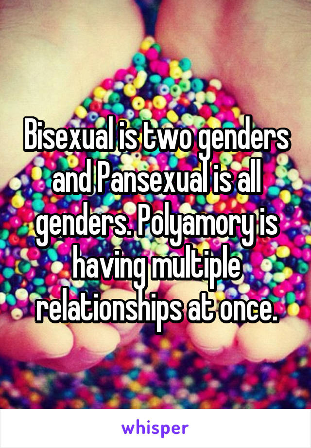 Bisexual is two genders and Pansexual is all genders. Polyamory is having multiple relationships at once.