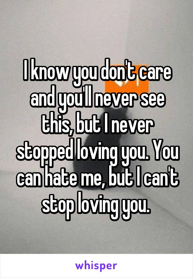 I know you don't care and you'll never see this, but I never stopped loving you. You can hate me, but I can't stop loving you. 