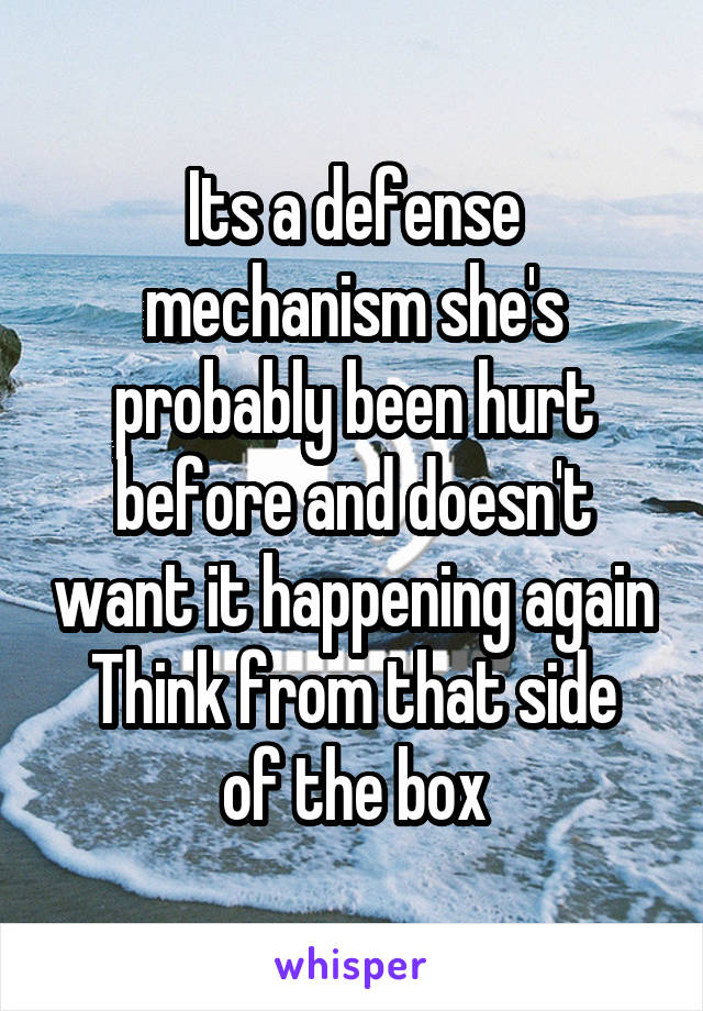 Its a defense mechanism she's probably been hurt before and doesn't want it happening again
Think from that side of the box