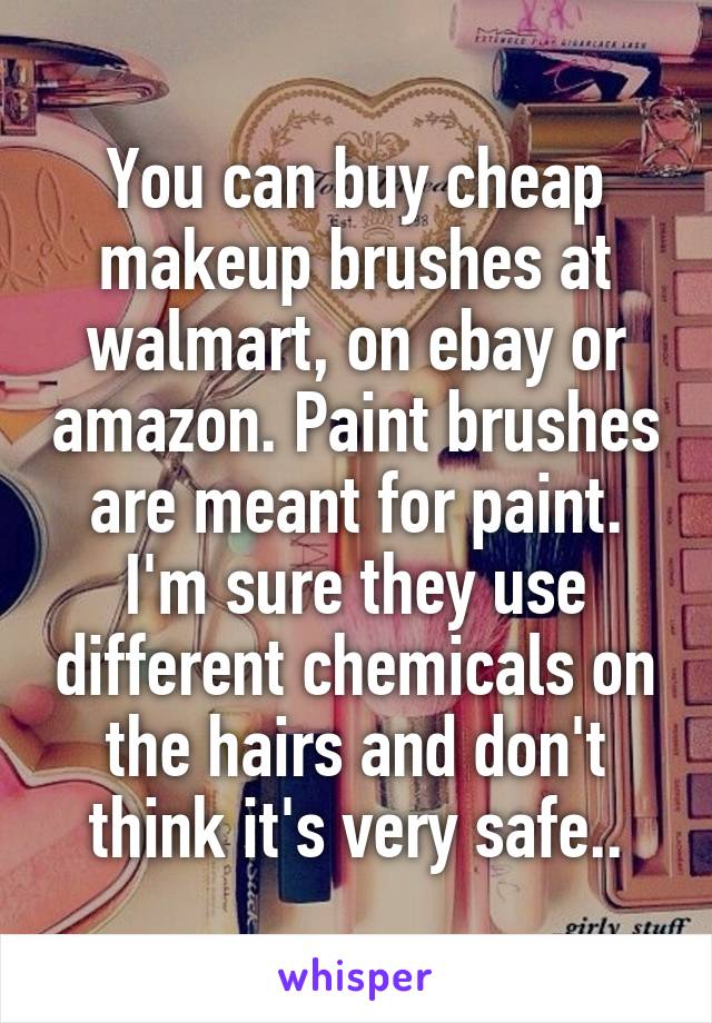 You can buy cheap makeup brushes at walmart, on ebay or amazon. Paint brushes are meant for paint. I'm sure they use different chemicals on the hairs and don't think it's very safe..