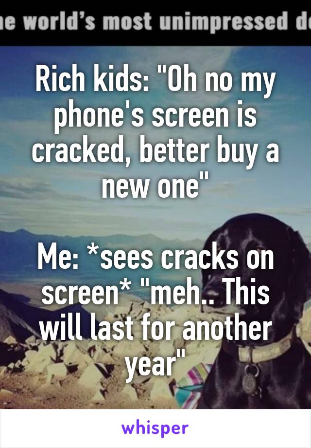 Rich kids: "Oh no my phone's screen is cracked, better buy a new one"

Me: *sees cracks on screen* "meh.. This will last for another year"