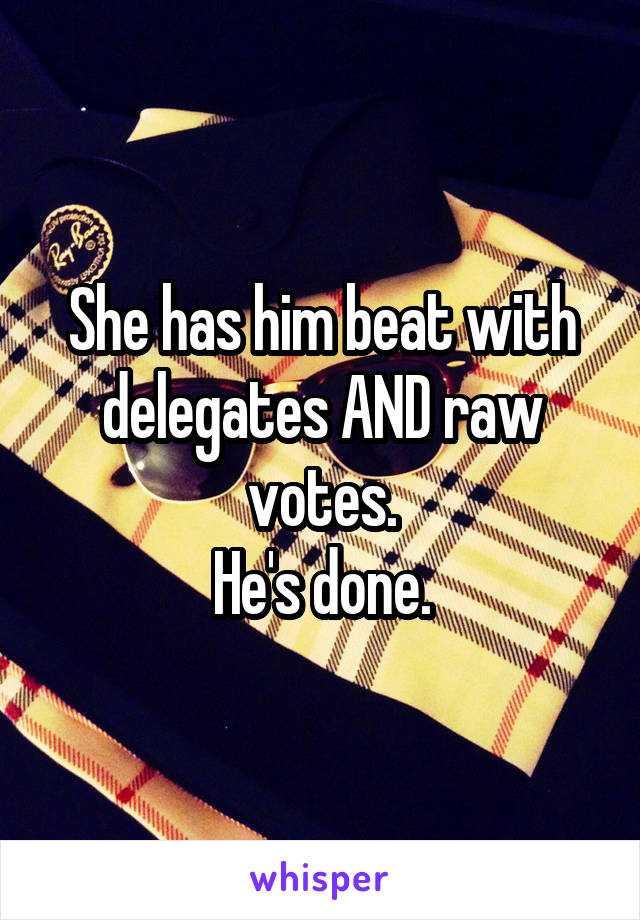 She has him beat with delegates AND raw votes.
He's done.