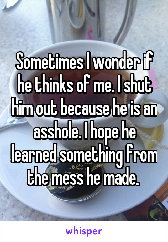 Sometimes I wonder if he thinks of me. I shut him out because he is an asshole. I hope he learned something from the mess he made. 