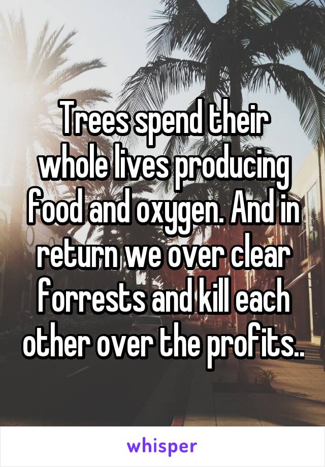 Trees spend their whole lives producing food and oxygen. And in return we over clear forrests and kill each other over the profits..