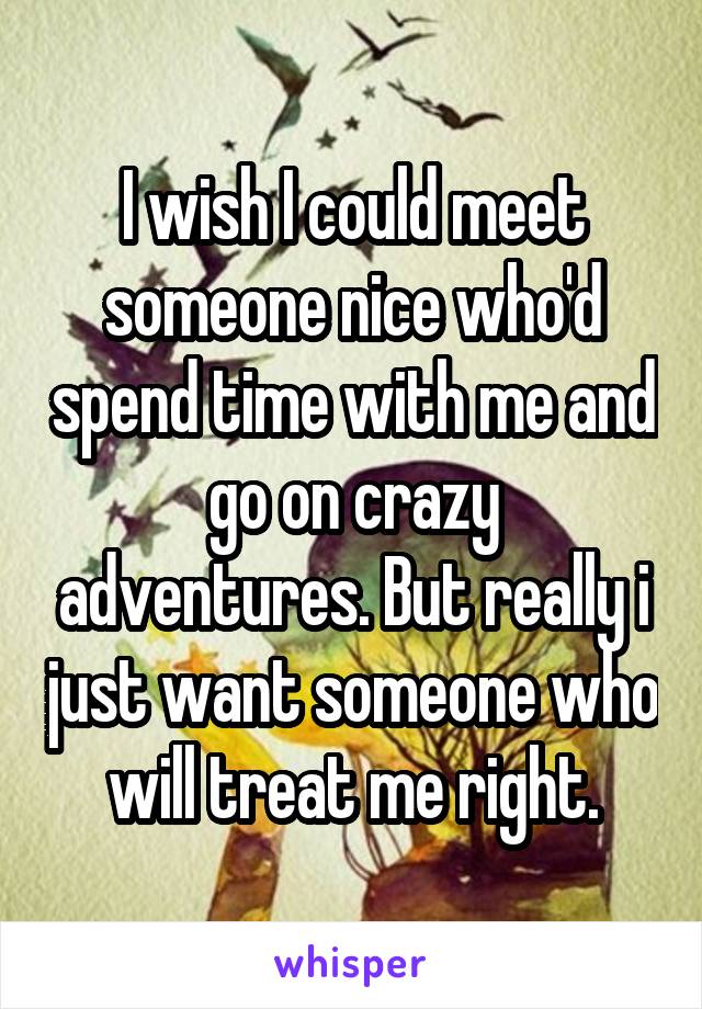 I wish I could meet someone nice who'd spend time with me and go on crazy adventures. But really i just want someone who will treat me right.