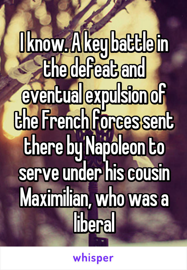 I know. A key battle in the defeat and eventual expulsion of the French forces sent there by Napoleon to serve under his cousin Maximilian, who was a liberal