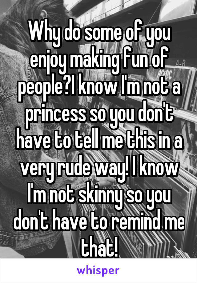 Why do some of you enjoy making fun of people?I know I'm not a princess so you don't have to tell me this in a very rude way! I know I'm not skinny so you don't have to remind me that!