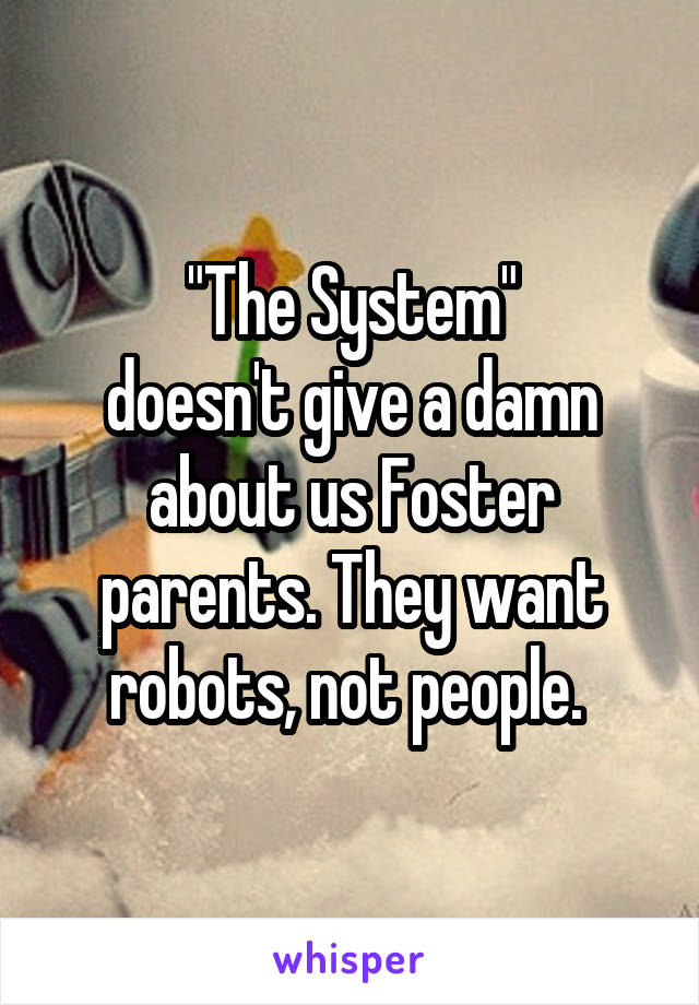 "The System"
doesn't give a damn about us Foster parents. They want robots, not people. 