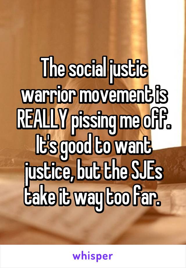 The social justic warrior movement is REALLY pissing me off. It's good to want justice, but the SJEs take it way too far. 