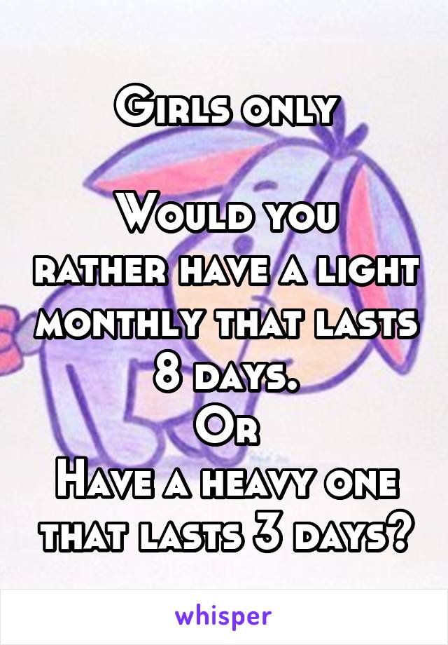 Girls only

Would you rather have a light monthly that lasts 8 days.
Or
Have a heavy one that lasts 3 days?