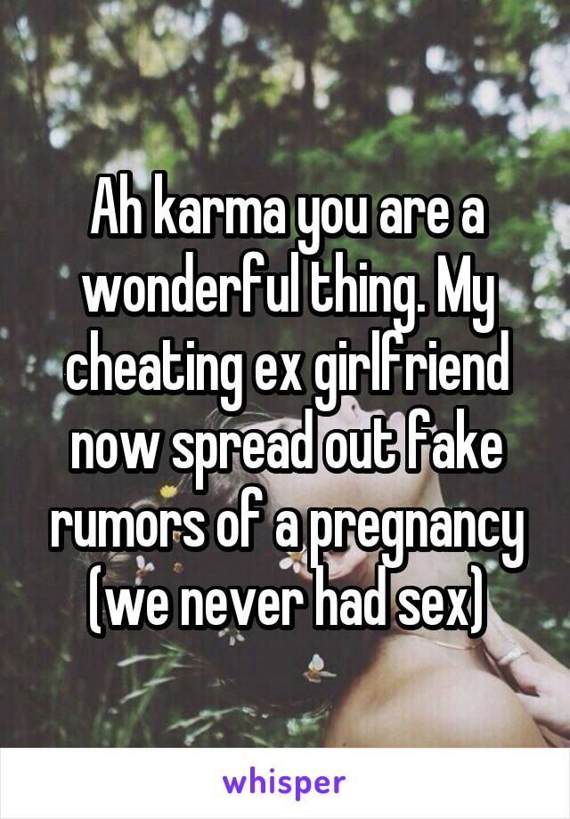 Ah karma you are a wonderful thing. My cheating ex girlfriend now spread out fake rumors of a pregnancy (we never had sex)