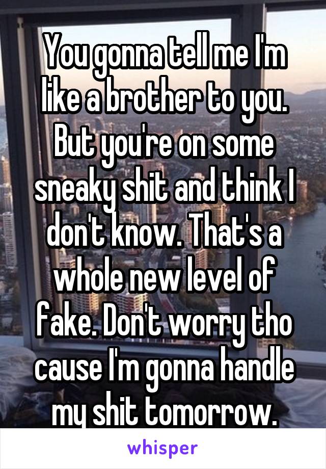 You gonna tell me I'm like a brother to you. But you're on some sneaky shit and think I don't know. That's a whole new level of fake. Don't worry tho cause I'm gonna handle my shit tomorrow.