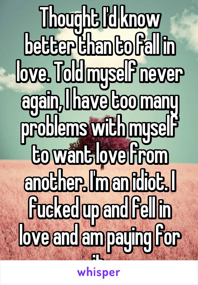 Thought I'd know better than to fall in love. Told myself never again, I have too many problems with myself to want love from another. I'm an idiot. I fucked up and fell in love and am paying for it.