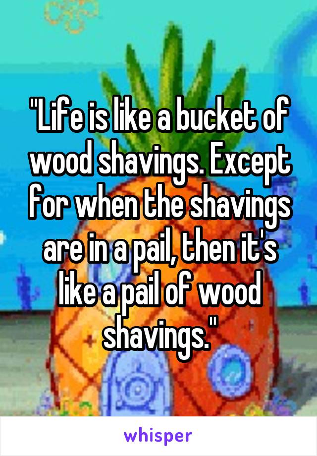 "Life is like a bucket of wood shavings. Except for when the shavings are in a pail, then it's like a pail of wood shavings."