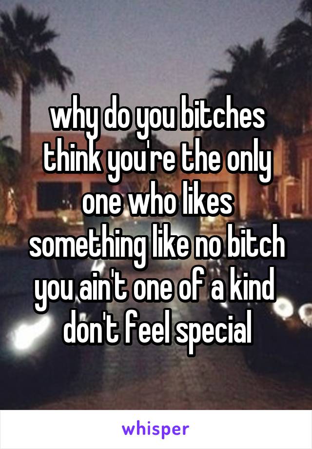 why do you bitches think you're the only one who likes something like no bitch you ain't one of a kind 
don't feel special