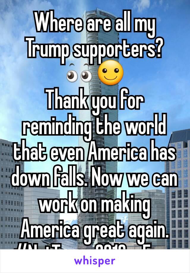 Where are all my Trump supporters? 👀☺
Thank you for reminding the world that even America has down falls. Now we can work on making America great again. #NotTrump2016orEver